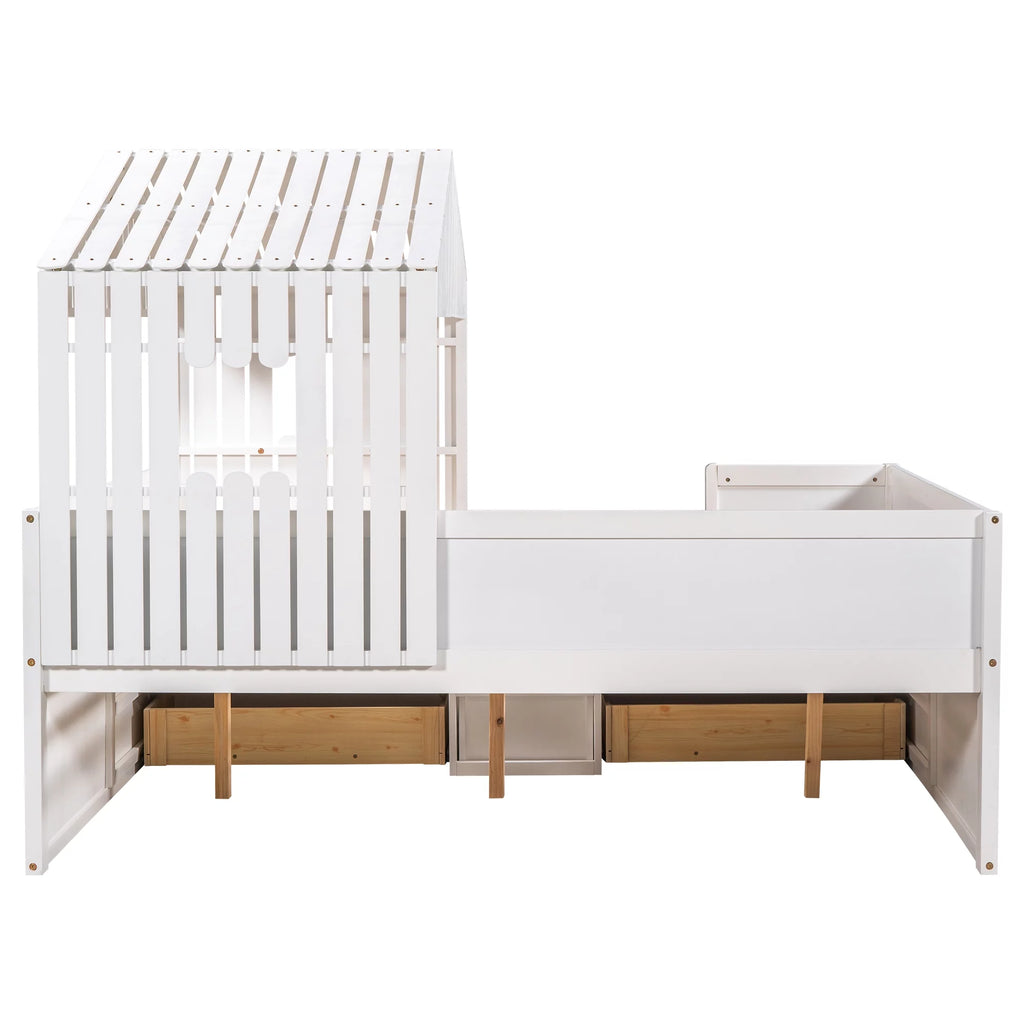 White Full Size Low Loft Bed with 4 Drawers X7243