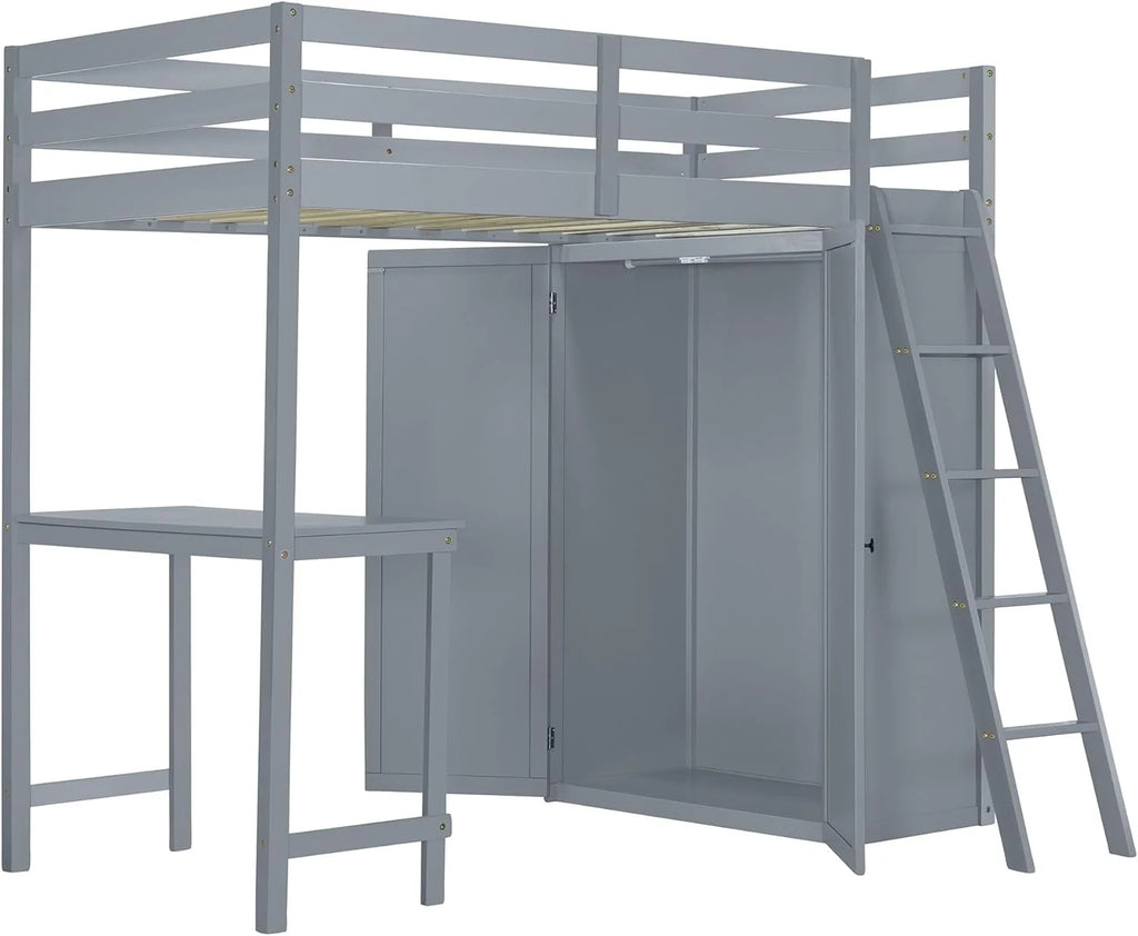 Wood Loft Bed with Wardrobe Desk and Guardrail (Gray) Y262991