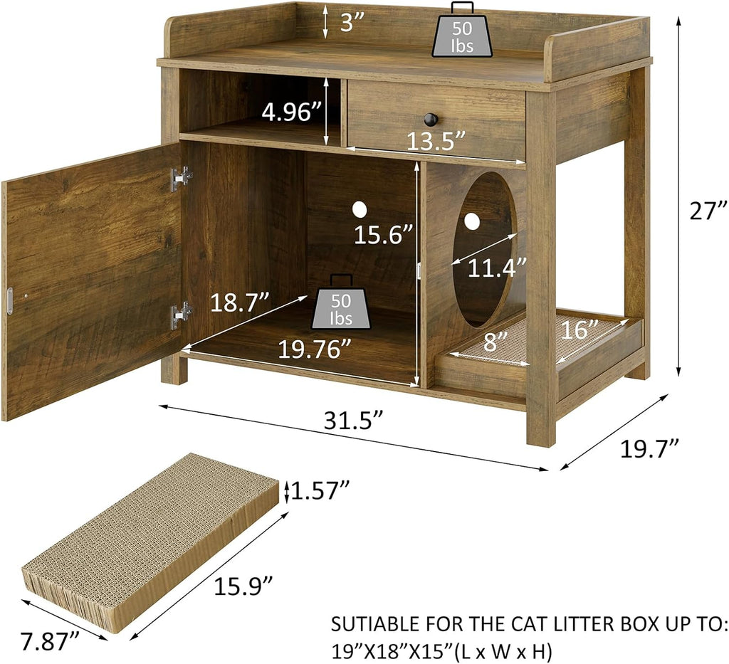 Wooden Cat Litter Box Enclosure with Shelves and Drawer E702820
