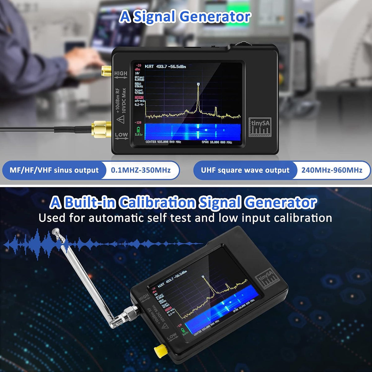 Portable Spectrum Analyzer with Antenna SMA Male to UHF Female Cables & 30db Attenuator, 0.1MHZ-960MHz 2.8'' Touchscreen X797