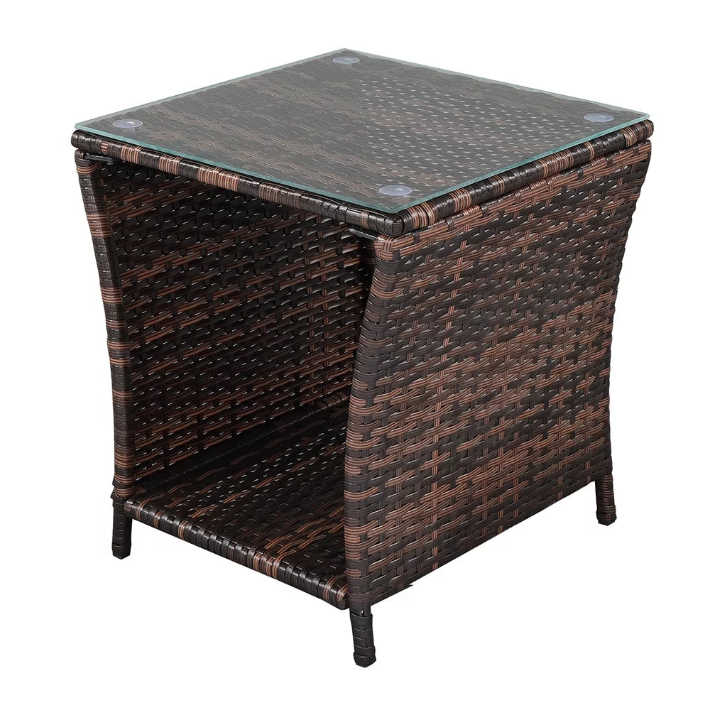 Square Tempered Glass Top Wicker Rattan Side Table with Storage J607137