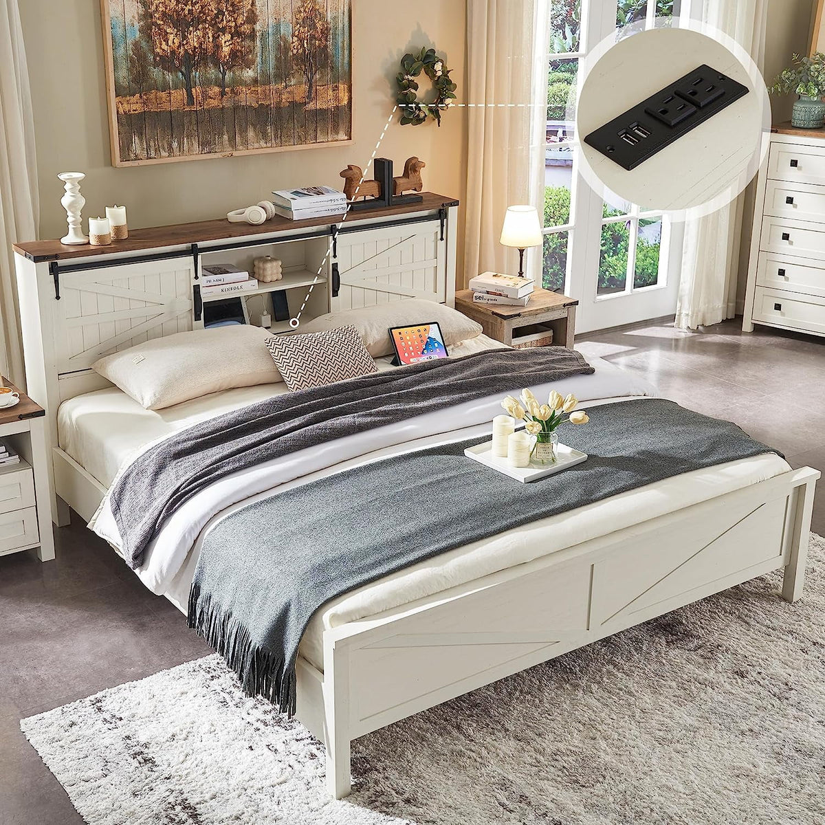 Full Platform Bed with Bookcase Headboard and Charging Station L873