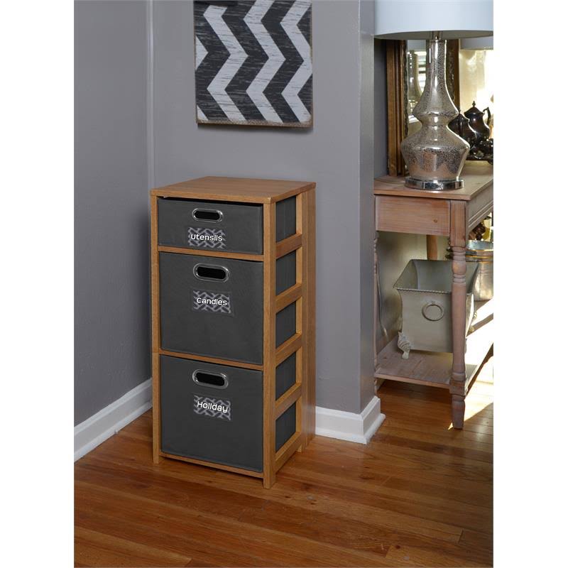 Medium Oak Grey Square Folding Bookcase with Fabric Bins E190610