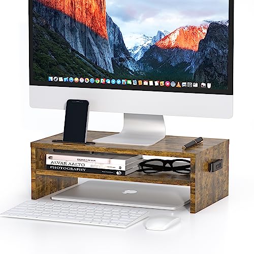 Wooden 2-Tier Monitor Stand Riser with Storage Organizer B238368