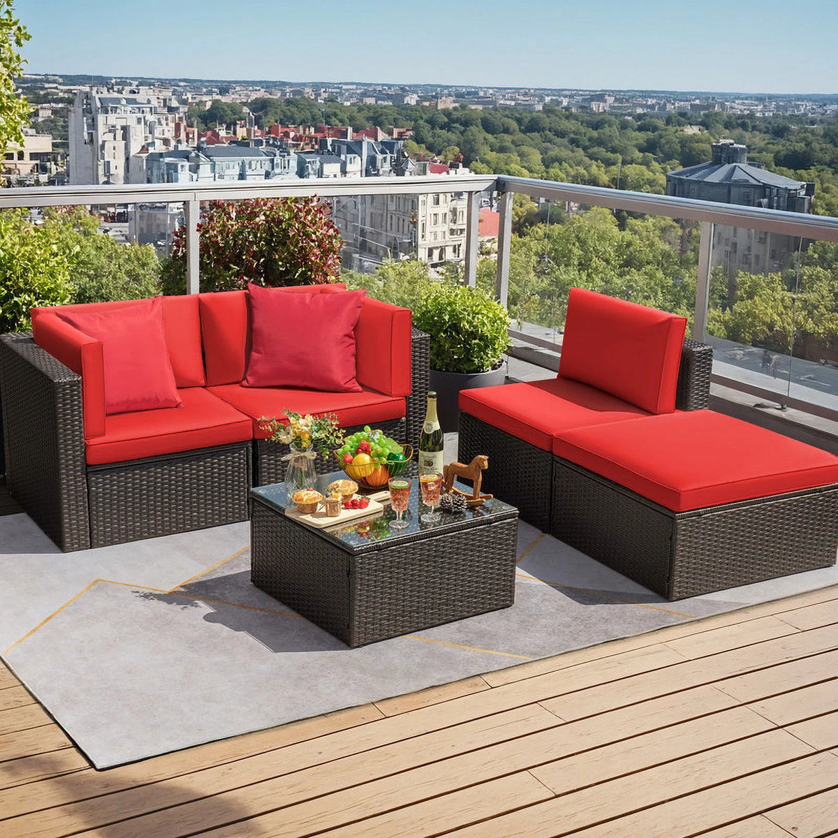5 Pieces Outdoor Sectional Sofa with Tea Table and Ottoman Q27180