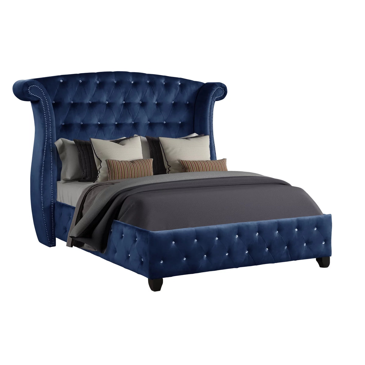 Queen Size Blue Upholstered Wood Bed Y2721