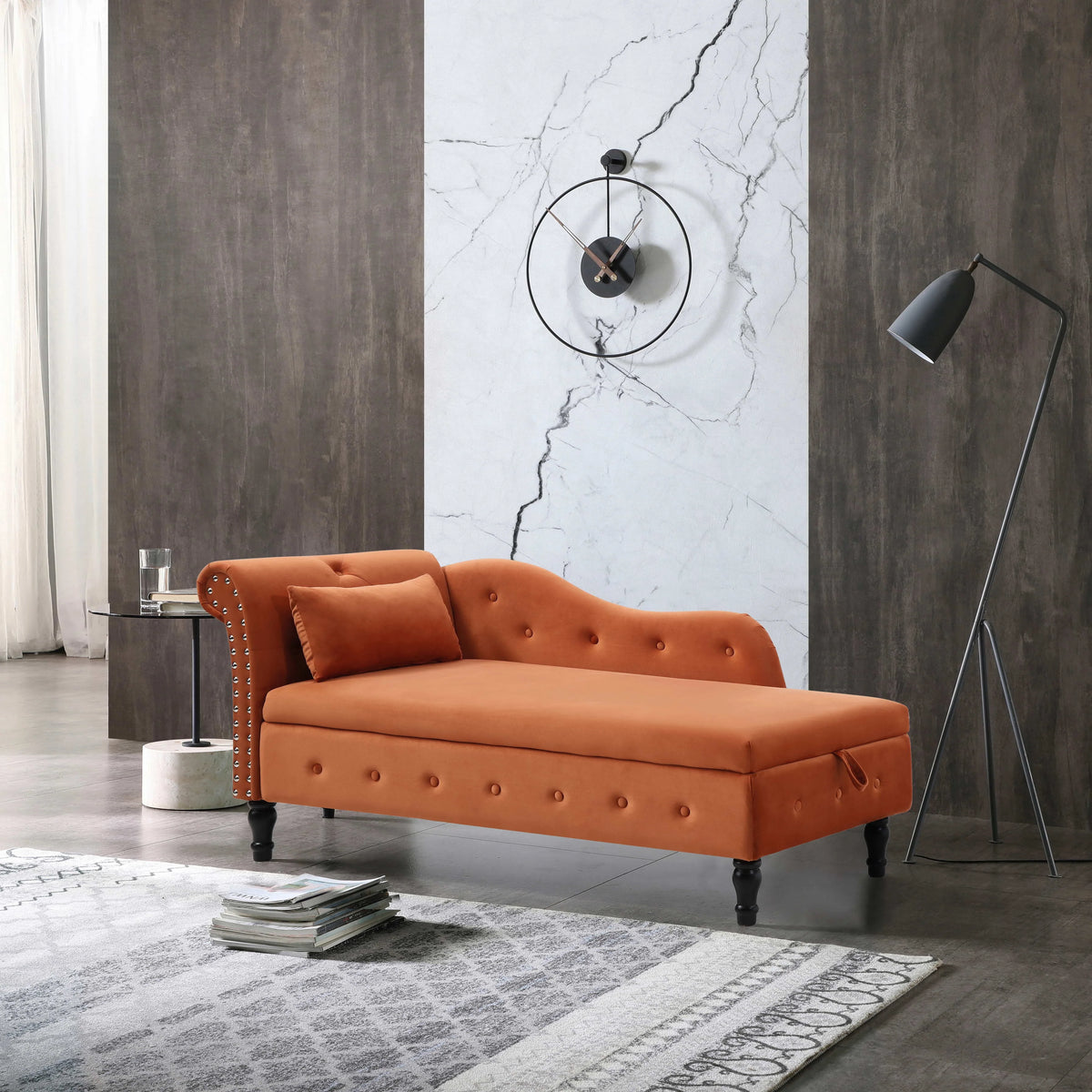 60" Orange Velvet Storage Chaise Lounge with 1 Pillow F7936
