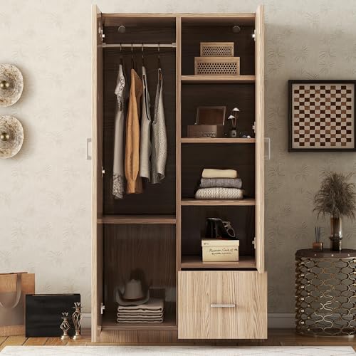 Wooden Armoire with Double Doors and Storage Drawer, 2 Door Wardrobe with 5 Fixed Shelves and Hanging Rod U3433