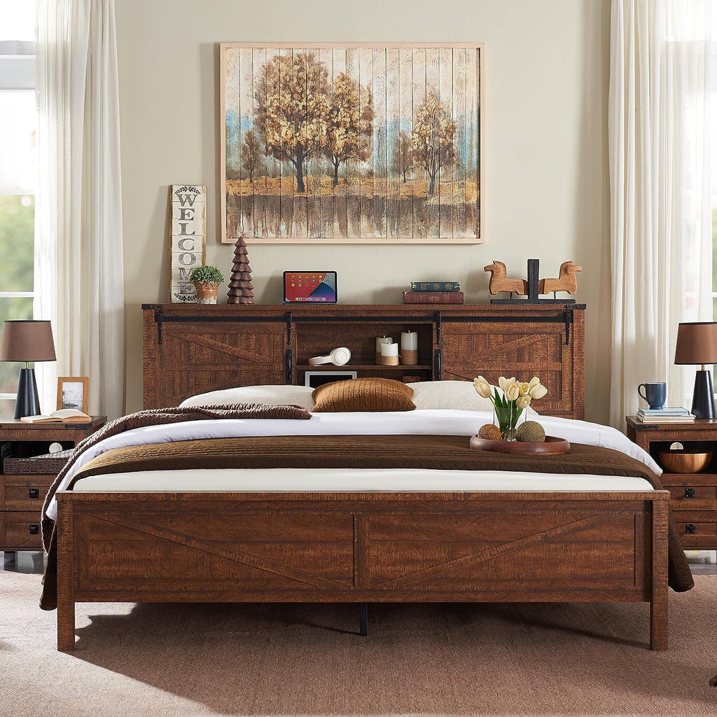 Light Rustic Oak Wood Platform Bed Frame with Bookcase Storage Headboard H824430