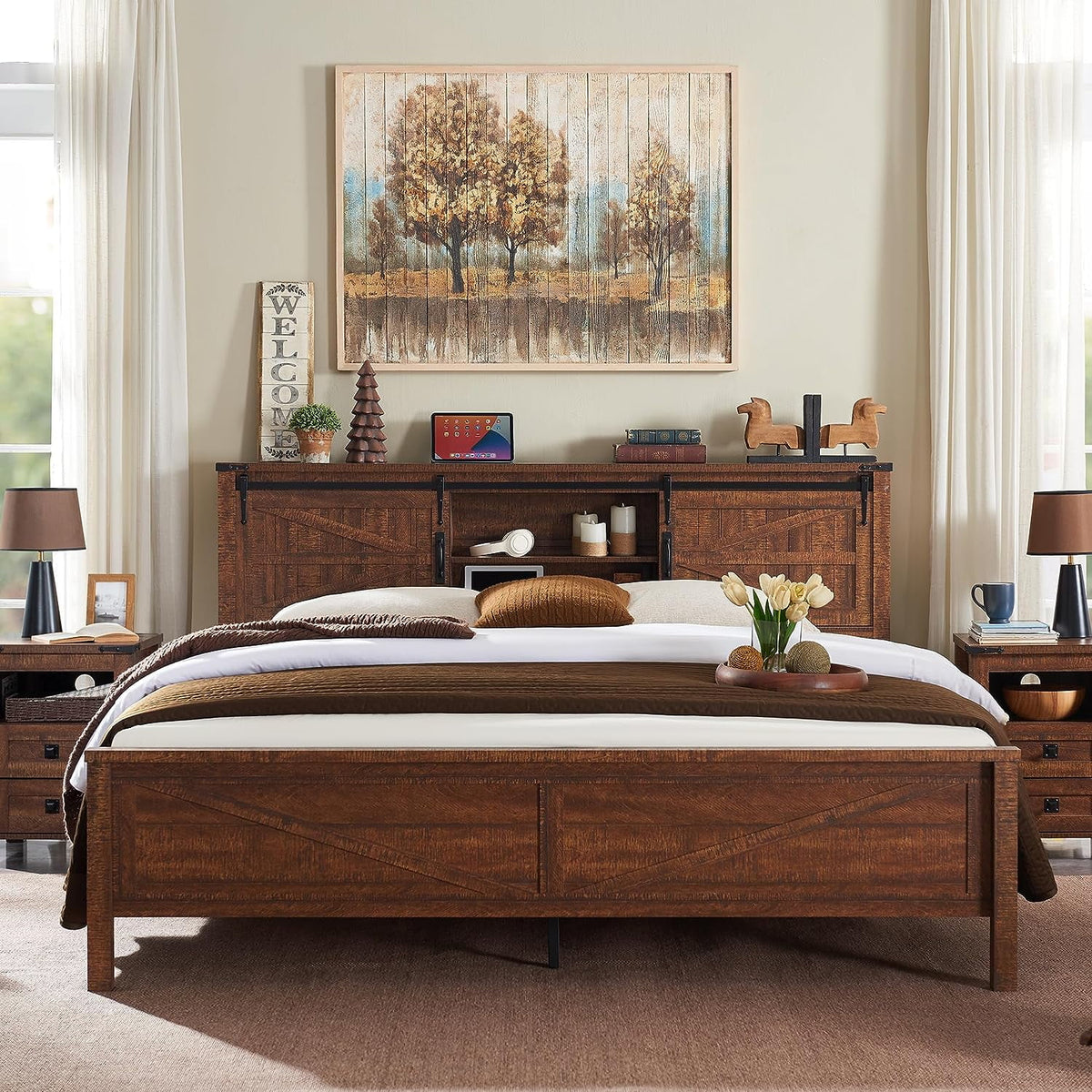 Light Rustic Oak Wood Platform Bed Frame with Bookcase Storage Headboard H824430