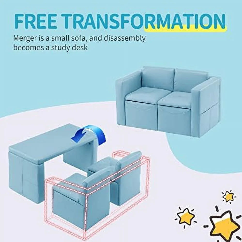 Kids 2-in-1 Sofa Convert to Table & 2 Chairs Leather Surface O687240