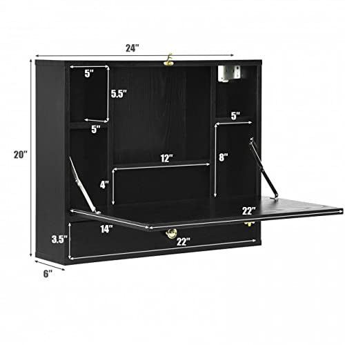 Black Wall Mounted Floating Desk with Drawer & Shelves O8671