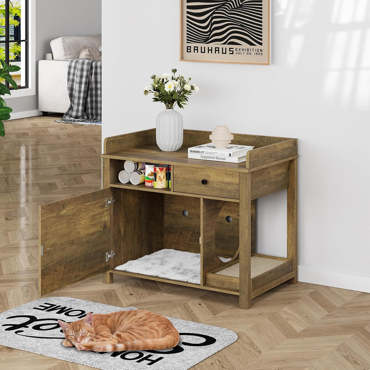 Wooden Cat Litter Box Enclosure with Shelves and Drawer E702820