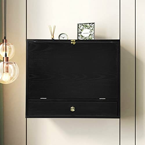 Black Wall Mounted Floating Desk with Drawer & Shelves O8671