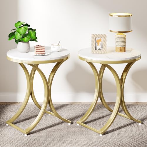 Round Faux Marble Top Gold Metal Legs Side Table S4452