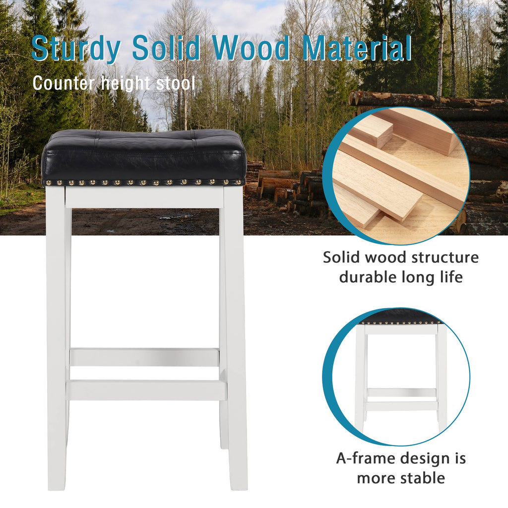 29 Inch Bar Stools Set of 2 PU Leather Solid Wooden Saddle Stool White F9723