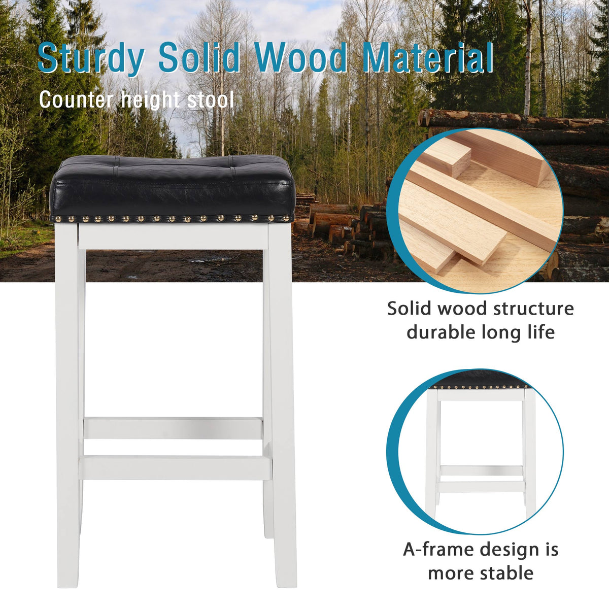 29 Inch Bar Stools Set of 2 PU Leather Solid Wooden Saddle Stool White F9723