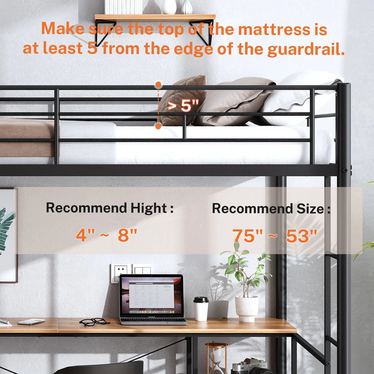 Black Twin Metal Loft Bed with Desk and 4 Shelves X6369