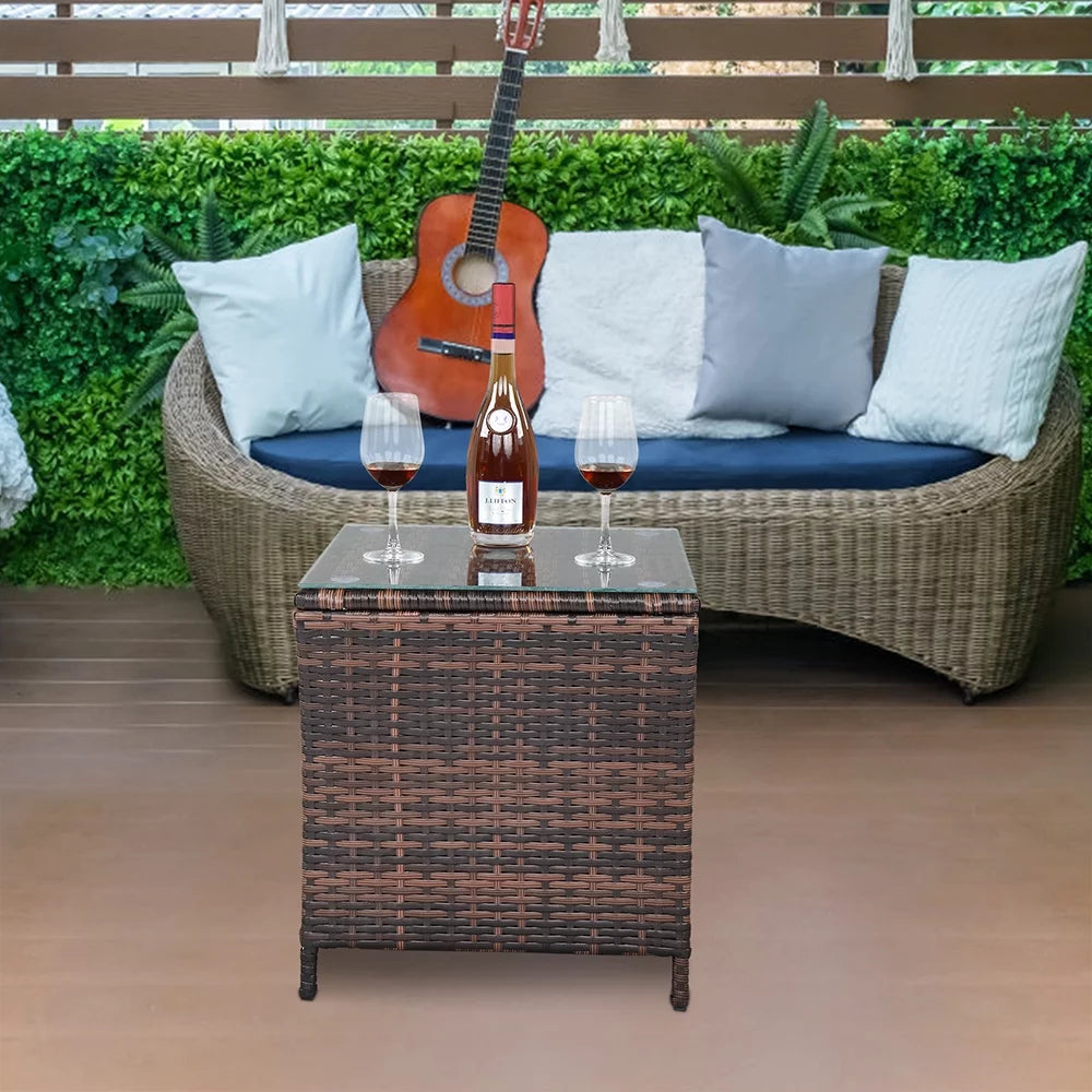 Square Tempered Glass Top Wicker Rattan Side Table with Storage J607137