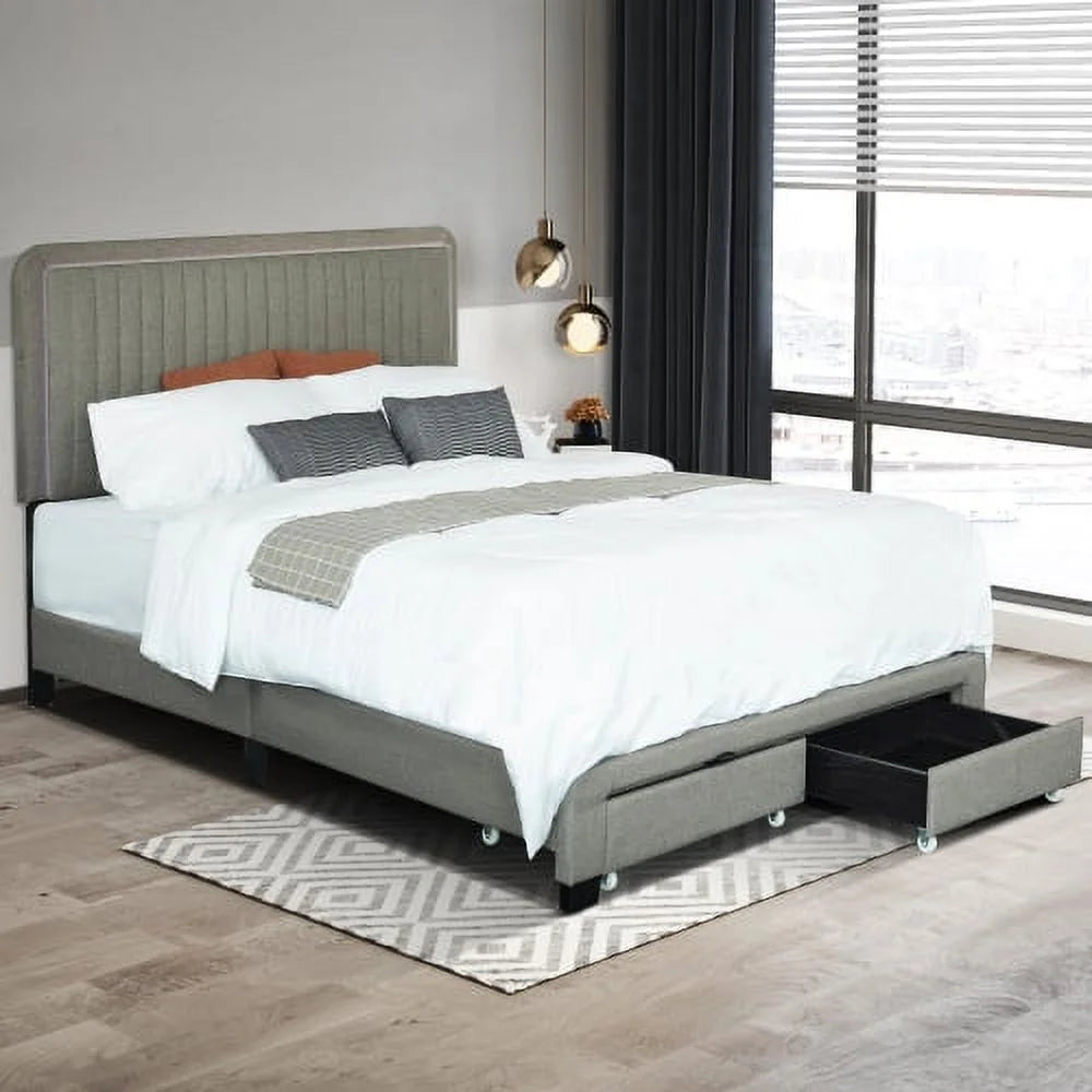 Queen Size Upholstered Bed with Adjustable Height and Footboard Drawers V518441