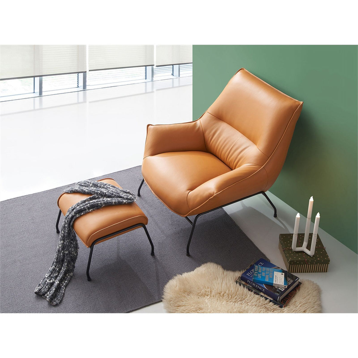 Tan Upholstered Leather Accent Chair and Ottoman D120
