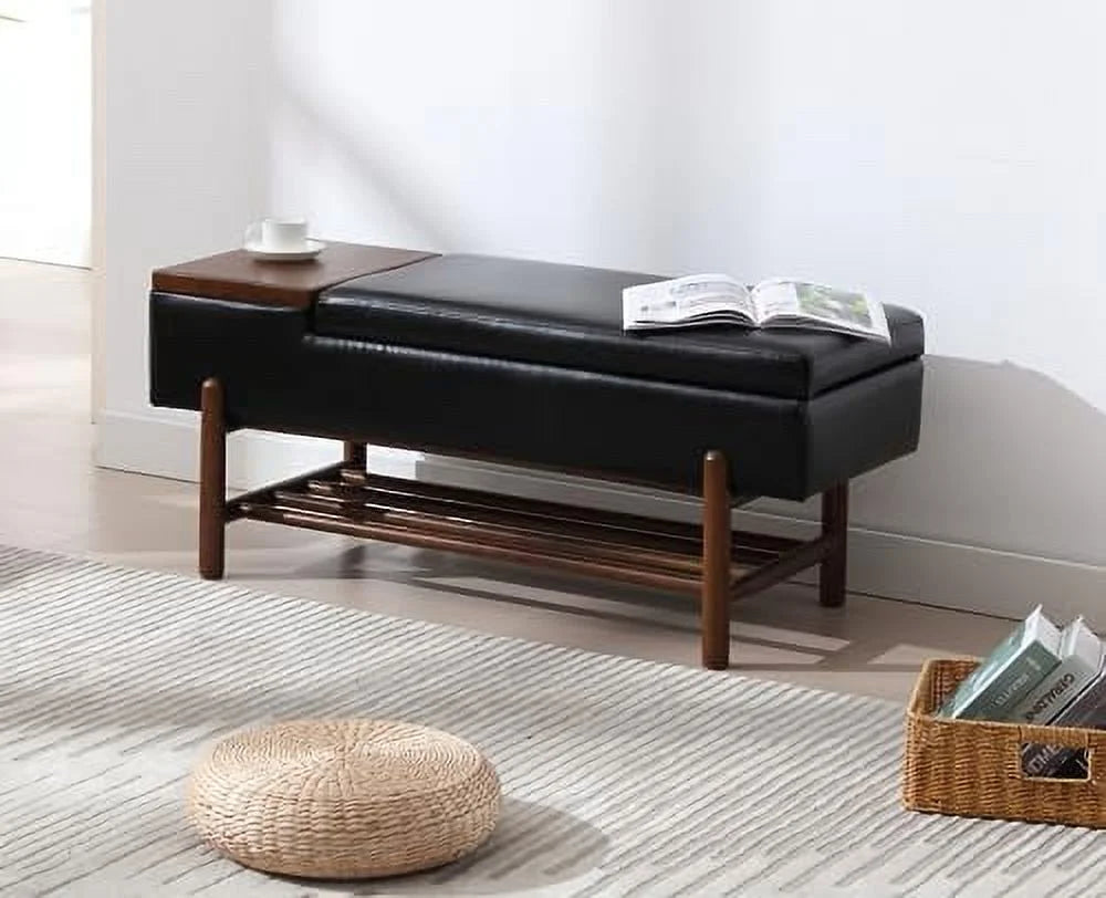 Green Leather Upholstered Ottoman Bench with Wood Shoe Rack B637905