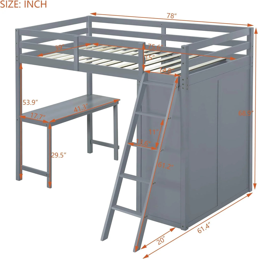 Wood Loft Bed with Wardrobe Desk and Guardrail (Gray) Y262991