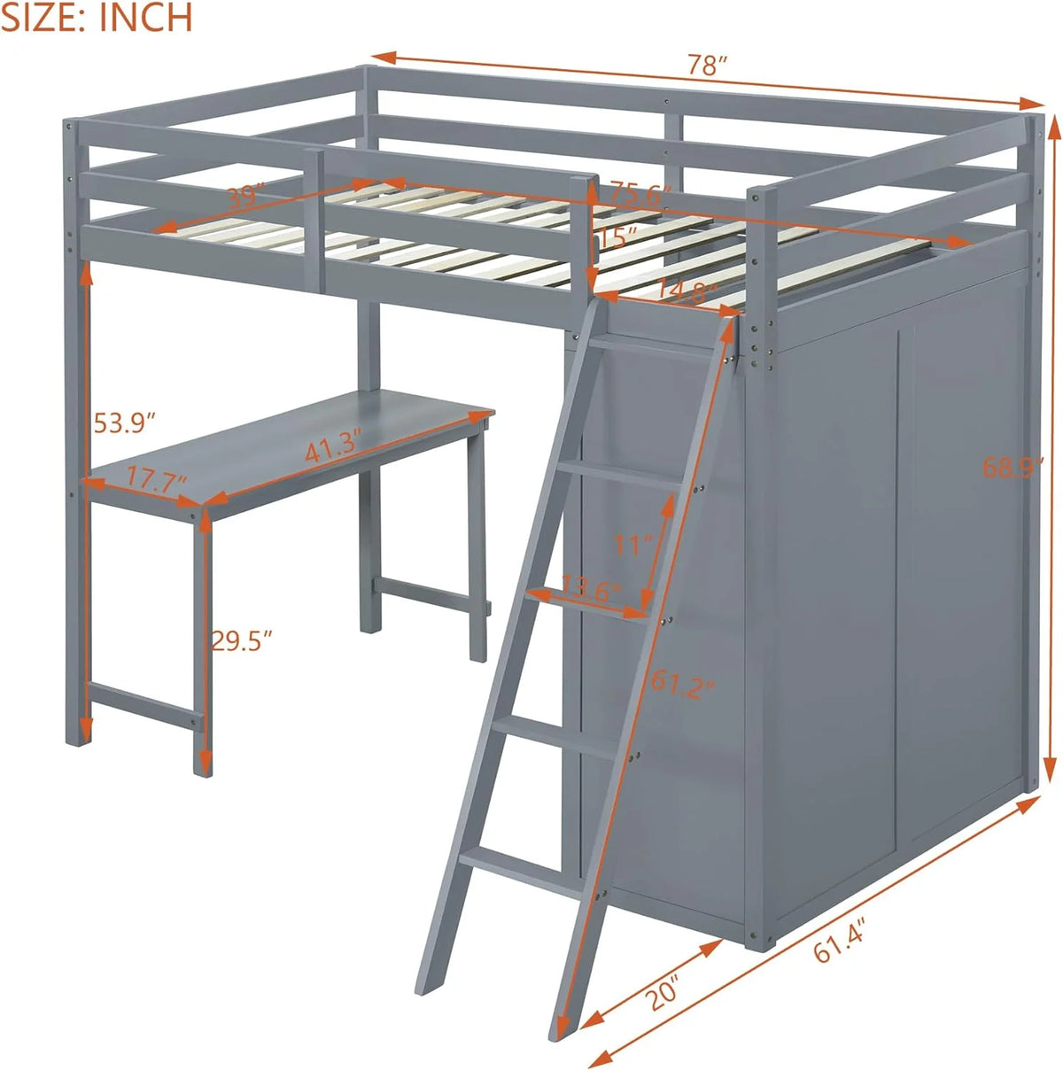 Wood Loft Bed with Wardrobe Desk and Guardrail (Gray) Y262991