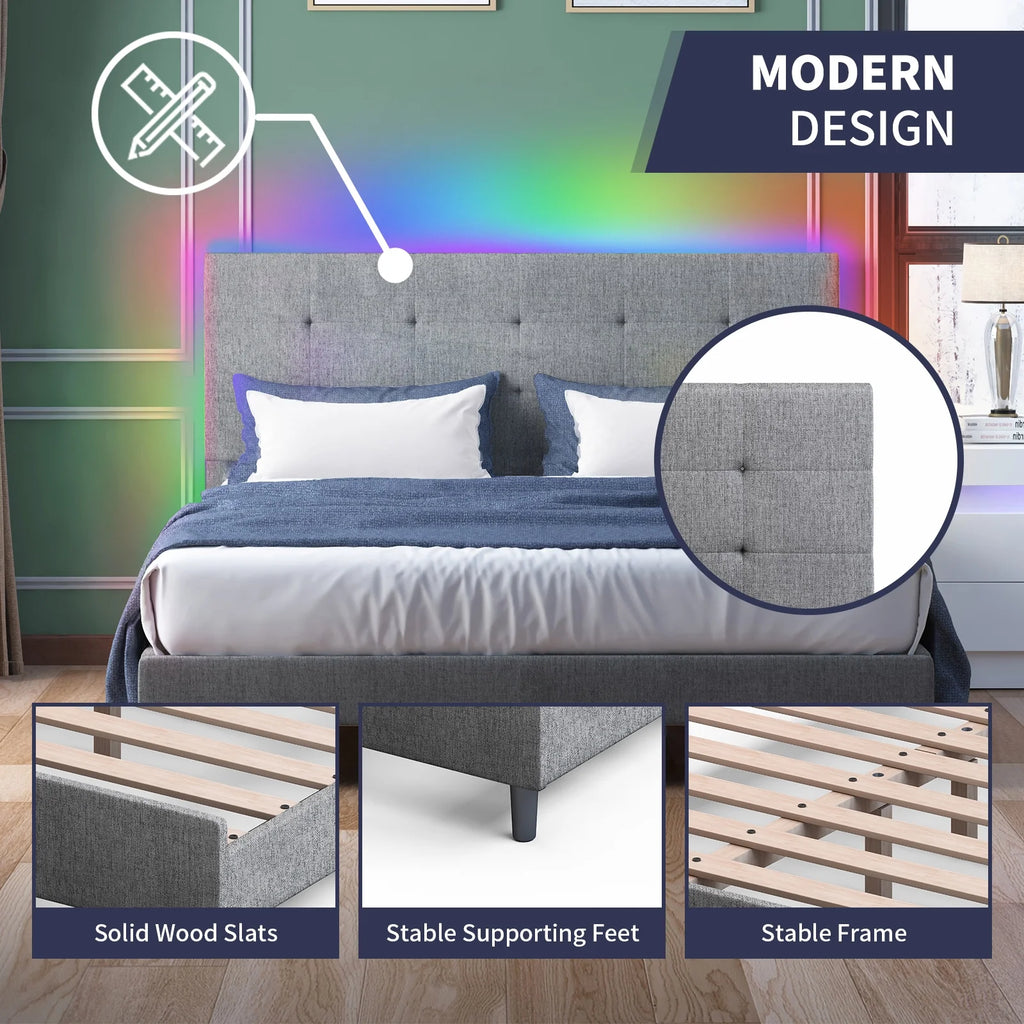 Light Grey Linen Fabric Upholstered Platform Bed with Adjustable Headboard P441697