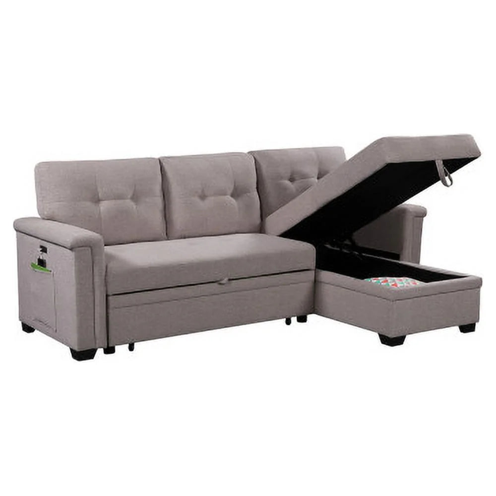 Light Gray Reversible Sleeper Sectional Sofa with Storage Chaise V4280
