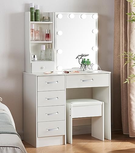 Large Vanity Table with Lights Mirror Storage Drawers Stool I616229