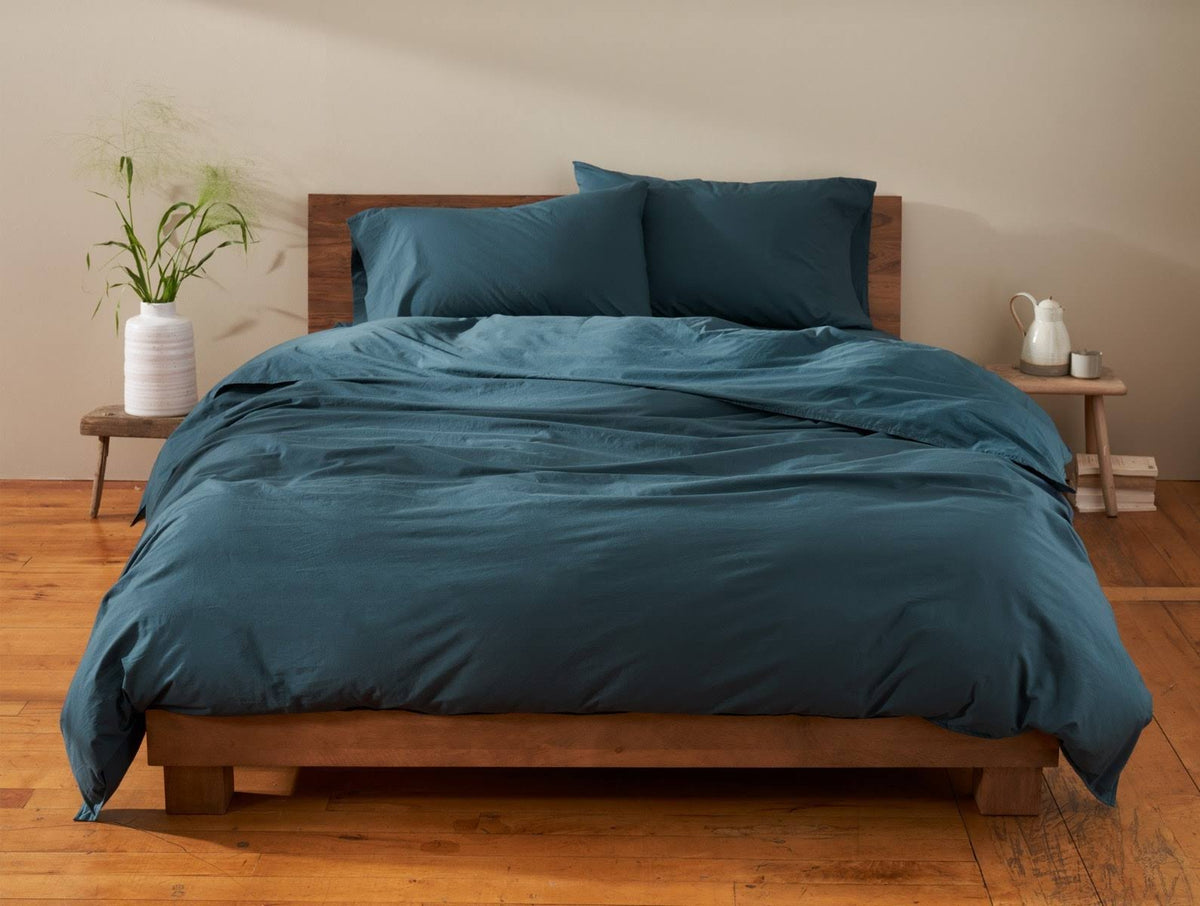 Organic Crinkled Percale Fitted Sheet Twin Steel Blue G9973