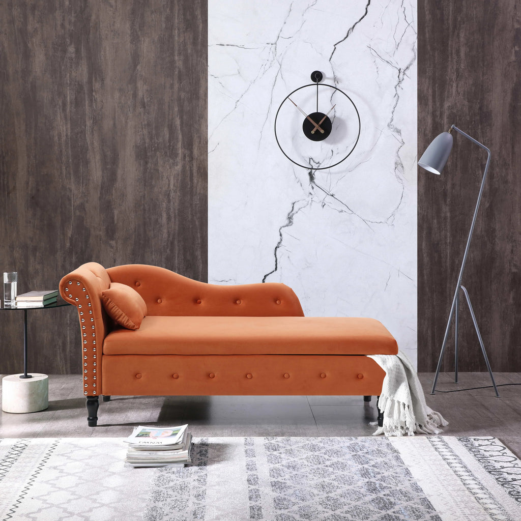 60" Orange Velvet Storage Chaise Lounge with 1 Pillow F7936
