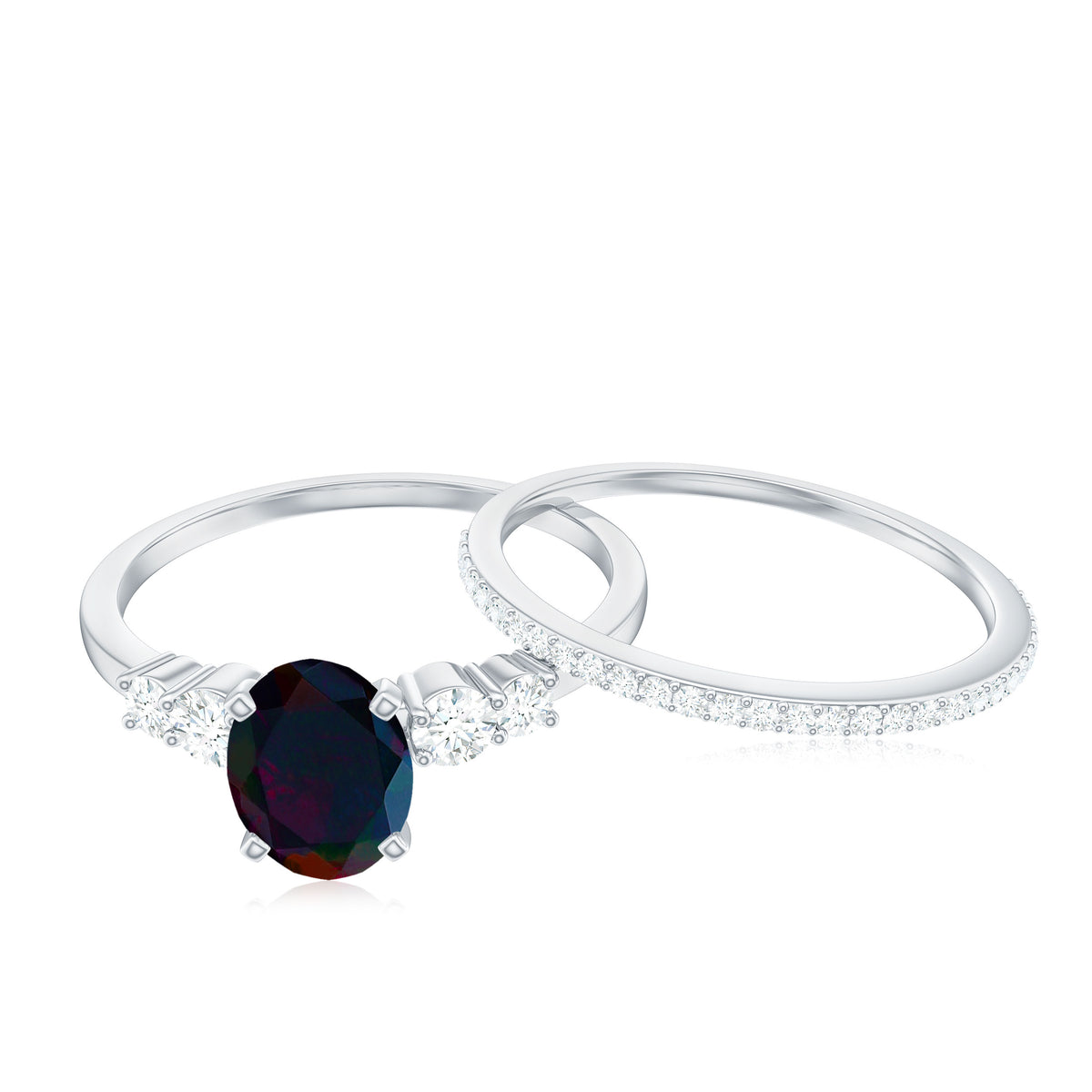 Oval Black Opal Solitaire Ring Set with Diamond, 925 Sterling Silver U538