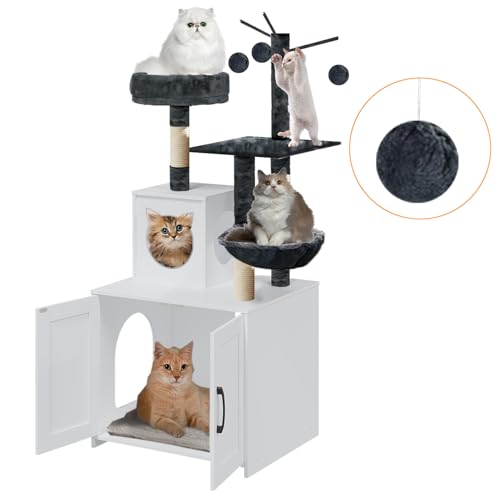 Grey Wood Cat Tree with Litter Box Enclosure R625