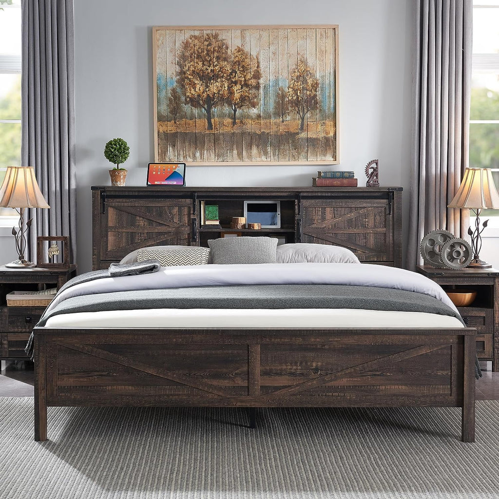 Light Rustic Oak Wood Platform Bed Frame with Bookcase Storage Headboard H824430