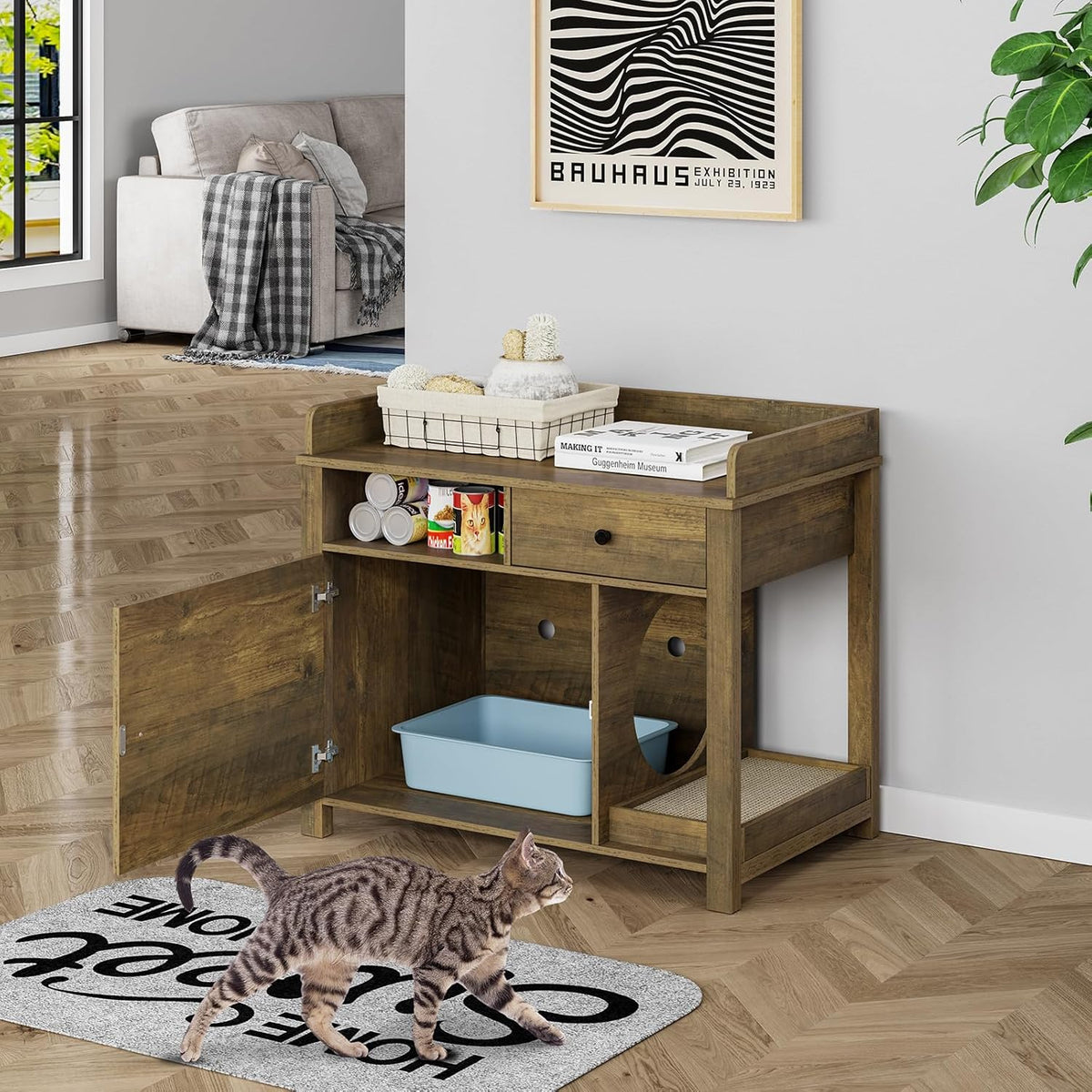 Wooden Cat Litter Box Enclosure with Shelves and Drawer E702820