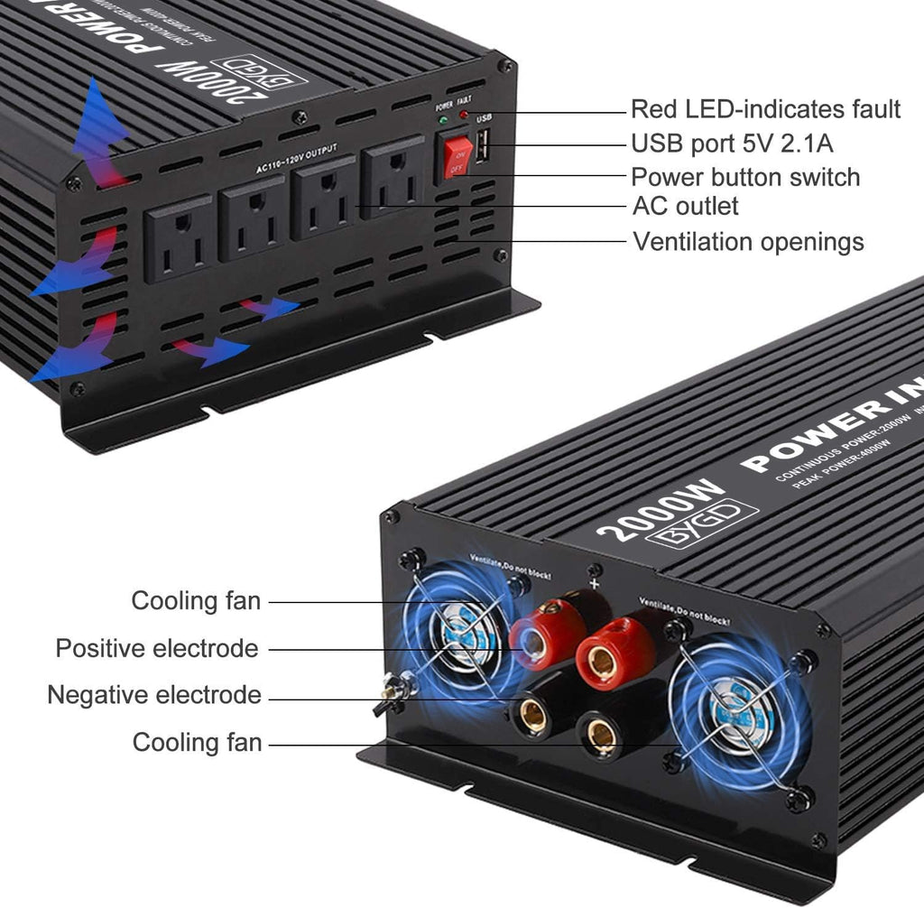 2000W Power Inverter 12V to 110V Modified Sine Wave with 4 AC Outlets N906