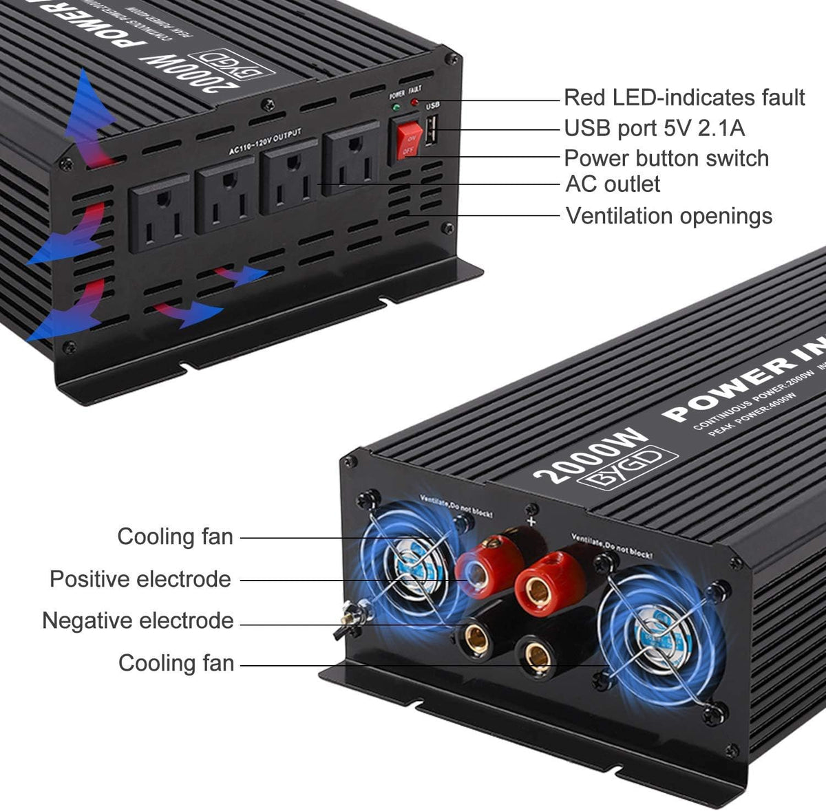 2000W Power Inverter 12V to 110V Modified Sine Wave with 4 AC Outlets N906