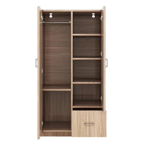 Wooden Armoire with Double Doors and Storage Drawer, 2 Door Wardrobe with 5 Fixed Shelves and Hanging Rod U3433