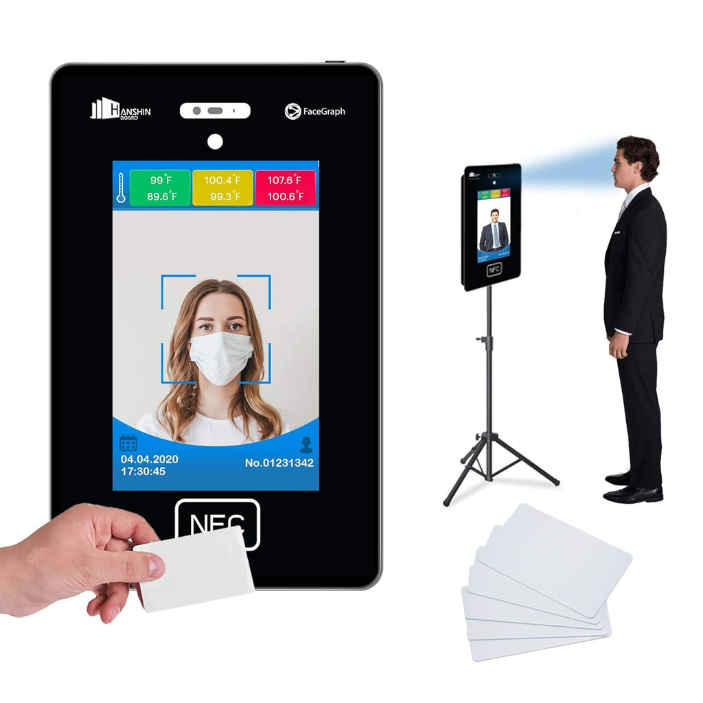 Temperature & Attendance Tracking Scanner Kiosk with Steel Floor Stand and 50 RFID Cards M129759