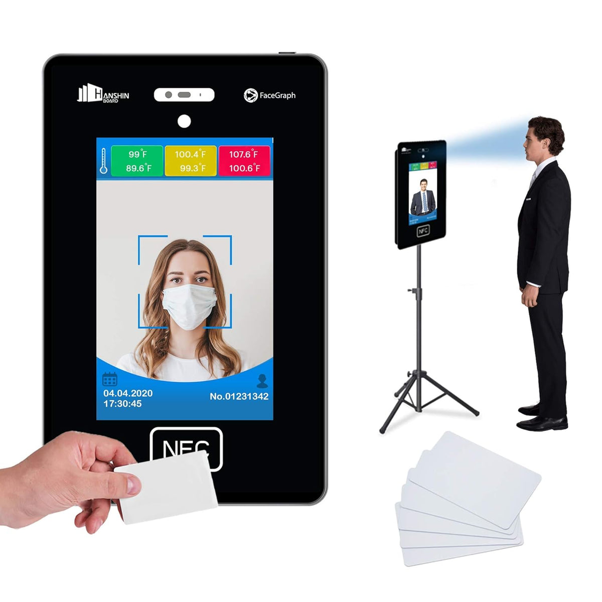 Temperature & Attendance Tracking Scanner Kiosk with Steel Floor Stand and 50 RFID Cards M129759