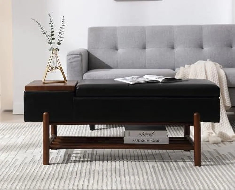 Green Leather Upholstered Ottoman Bench with Wood Shoe Rack B637905