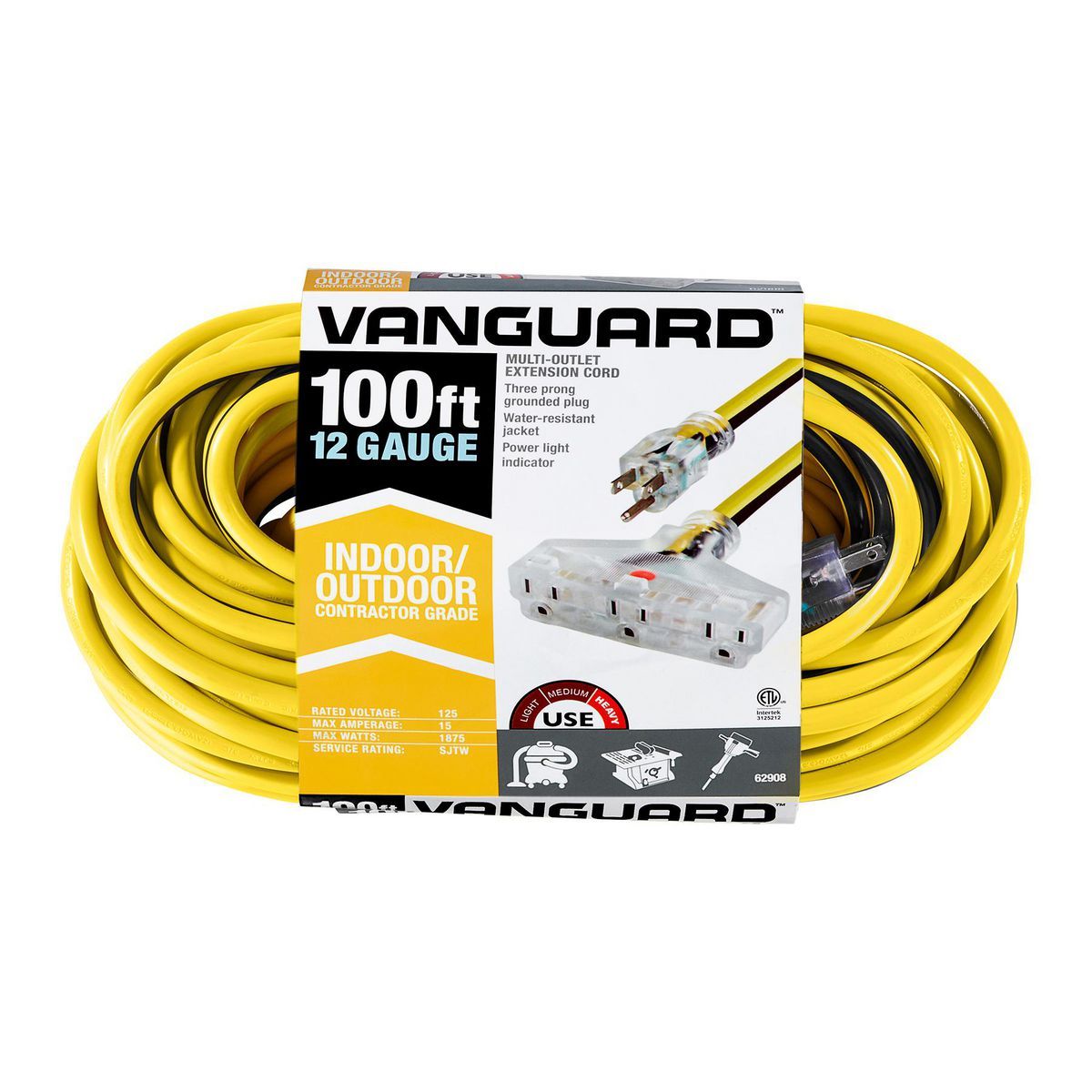100 ft. 12/3 Gauge Multiple Outlet Extension Cord with Indicator Light, Yellow, Black D459913