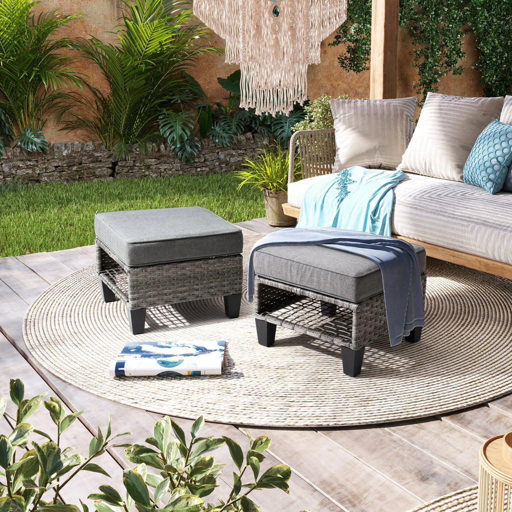 Gray 2 PCS Wicker Ottoman with Cushions E64134