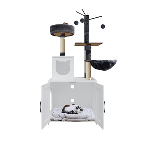 Grey Wood Cat Tree with Litter Box Enclosure R625