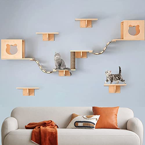 Solid Wood Wall Mounted Cat Shelves and Perches with 4 Cat Condos, 8 Shelves, 2 Ladder, 3 Sisal Cat Scratching Post R75762