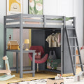 Wood Loft Bed with Wardrobe Desk and Guardrail (Gray) Y262991
