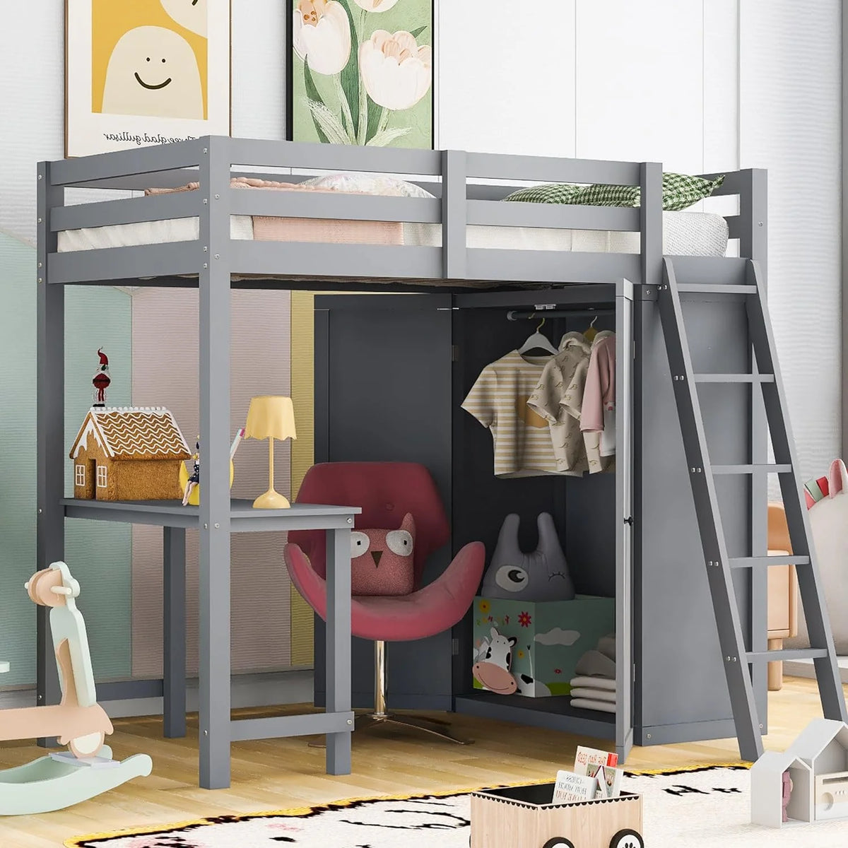 Wood Loft Bed with Wardrobe Desk and Guardrail (Gray) Y262991