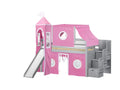 Pink & White Twin Loft Bed with Slide and Tent E8009